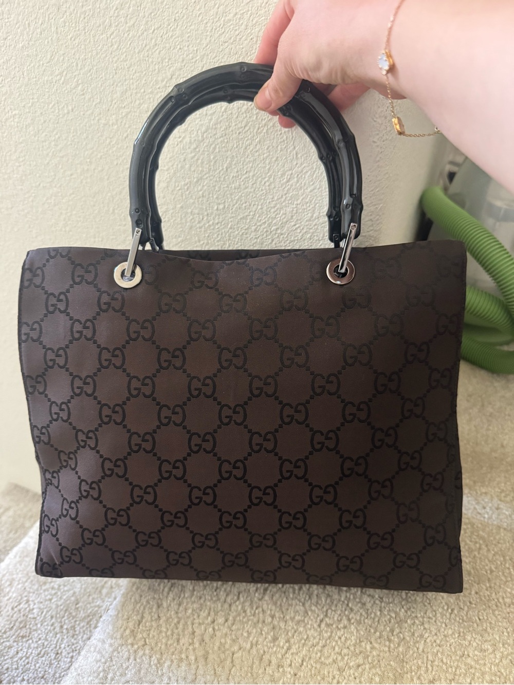 Gucci Brown GG Canvas Black Bamboo Handle Tote